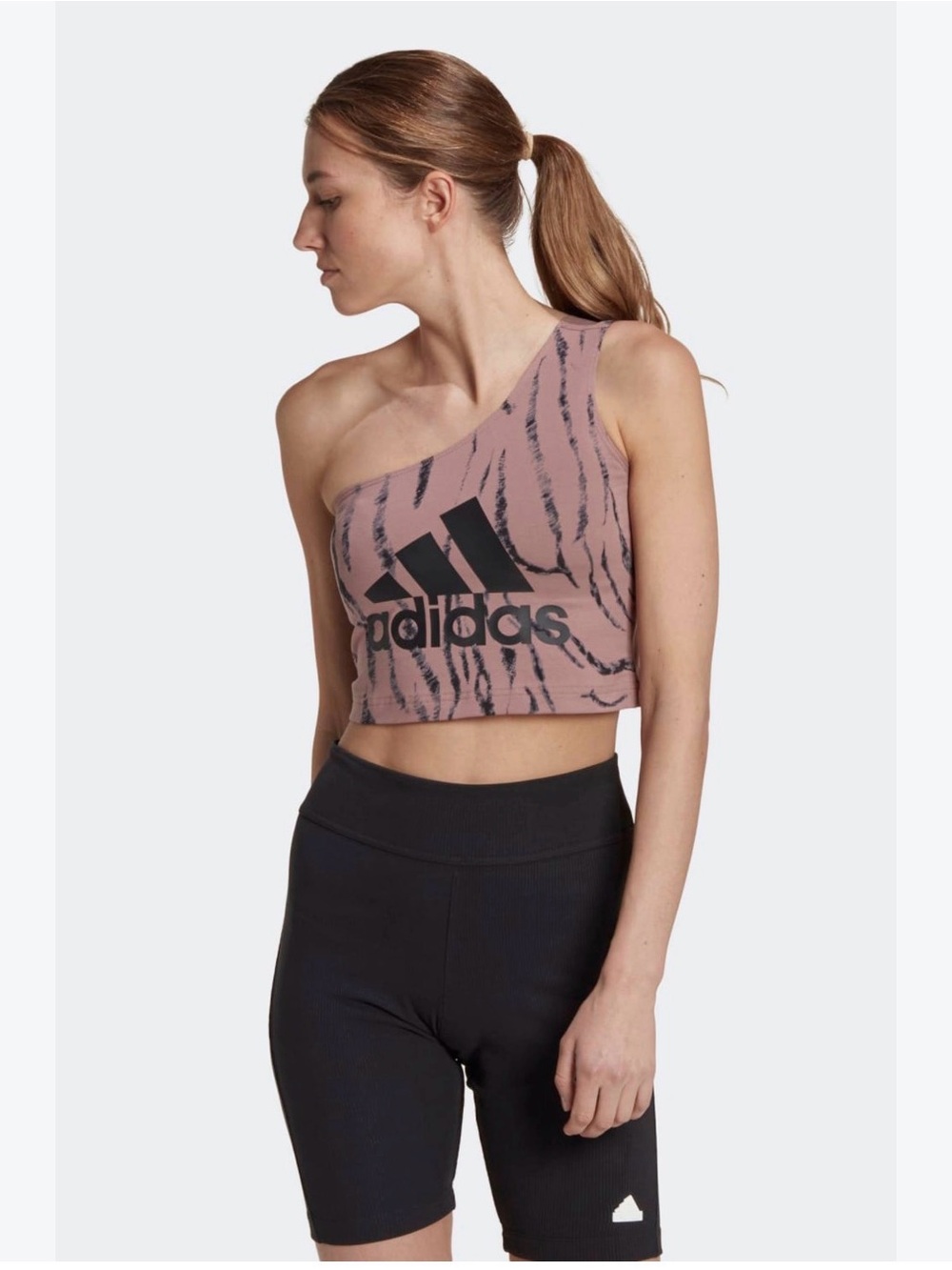 adidas One-Shoulder Crop Tank - Dusty Rose with Black Logo